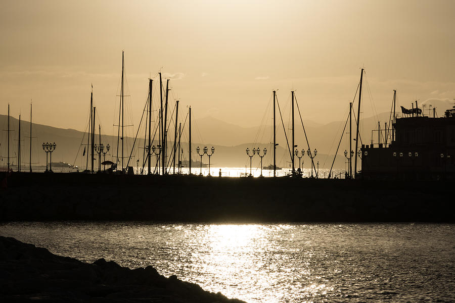 A Necklace of Old World Street Lights - Golden Morning at Naples Marina Photograph by Georgia Mizuleva