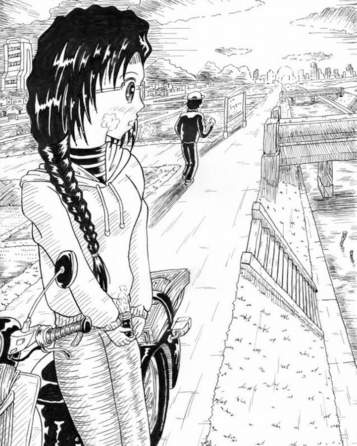 Pen Drawing - A newsgirl in early morning by Hisashi Saruta
