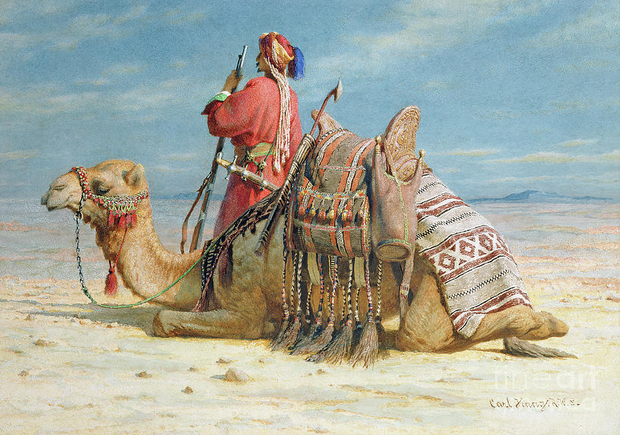 Carl Haag Painting - A Nomad and His Camel Resting in the Desert by Carl Haag