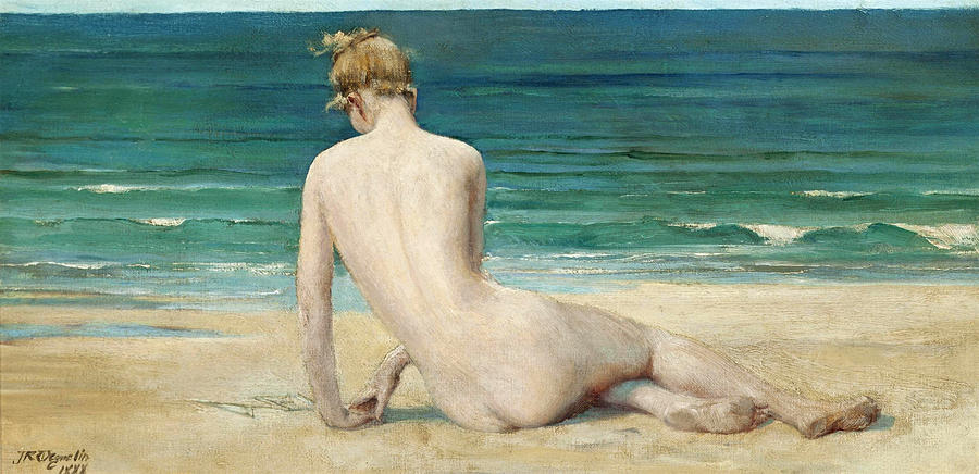 A nude seated on the shore Painting by John Reinhard Weguelin