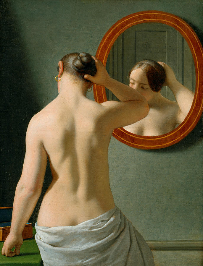 A Nude Woman Doing Her Hair Before a Mirror Painting by Christoffer Wilhelm Eckersberg