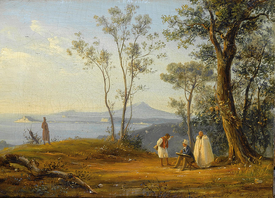 A Painter at Work in an Italianate Coastal Landscape Painting by Antonie Sminck Pitloo