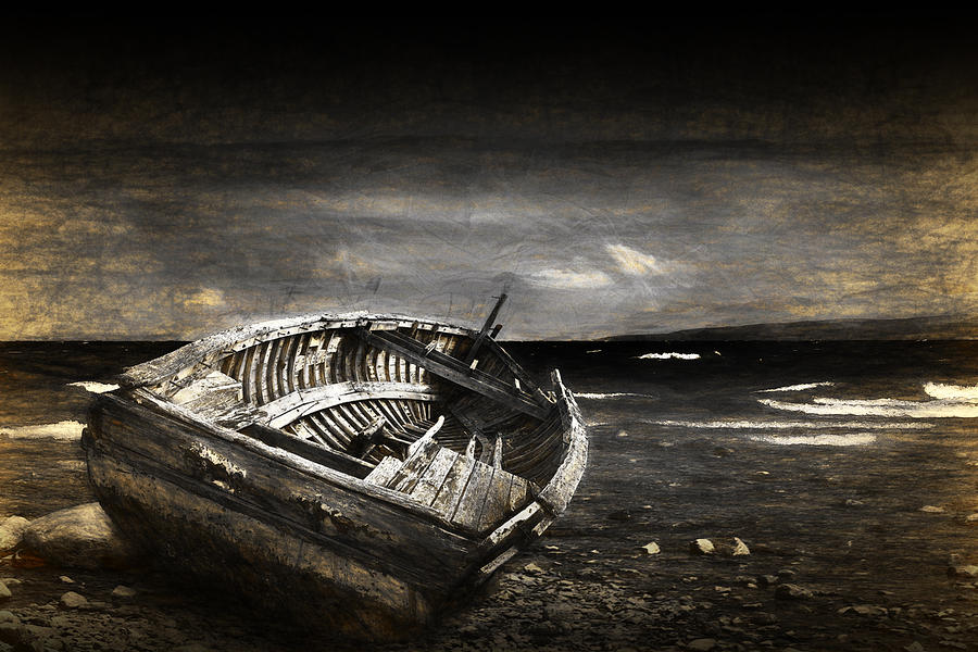A Painterly Photographic Nautical Image of a Boat lying shipwrecked Photograph by Randall Nyhof