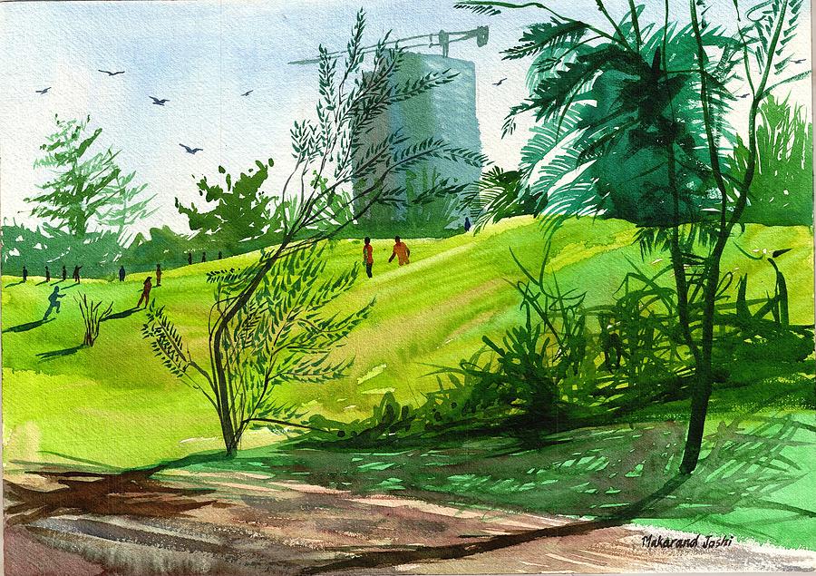 A park slope with a building under construction by Makarand Joshi A park slope with a building under construction by Makarand Joshi