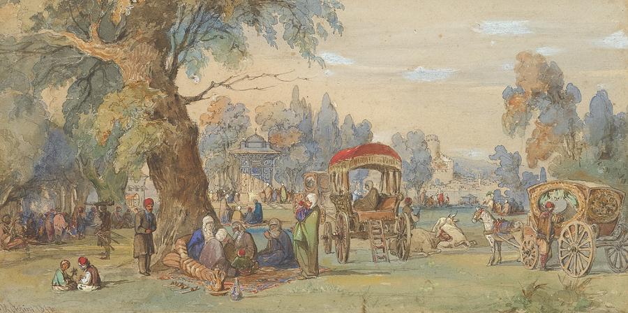 A Party At The Sweet Waters Of The Bosphorus, Constantinople Painting by Count Amadeo Preziosi 