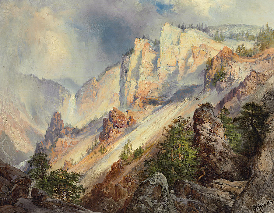 A Passing Shower in the Yellowstone Canyon Painting by Thomas Moran