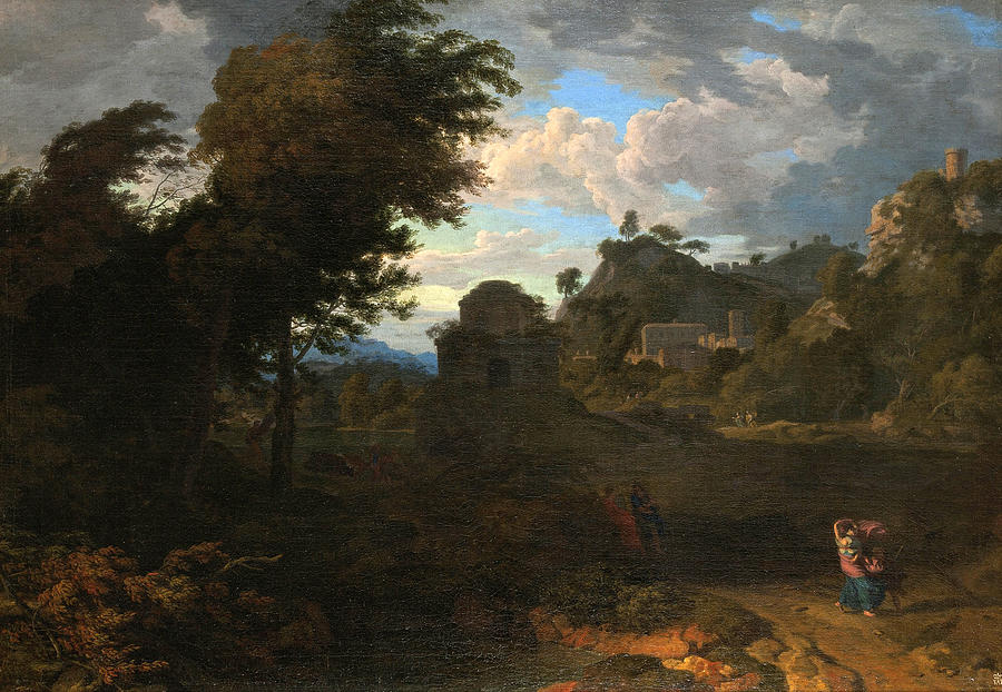 A Pastoral Landscape with Figures on a Path before a Hill Town Painting by Johannes Glauber