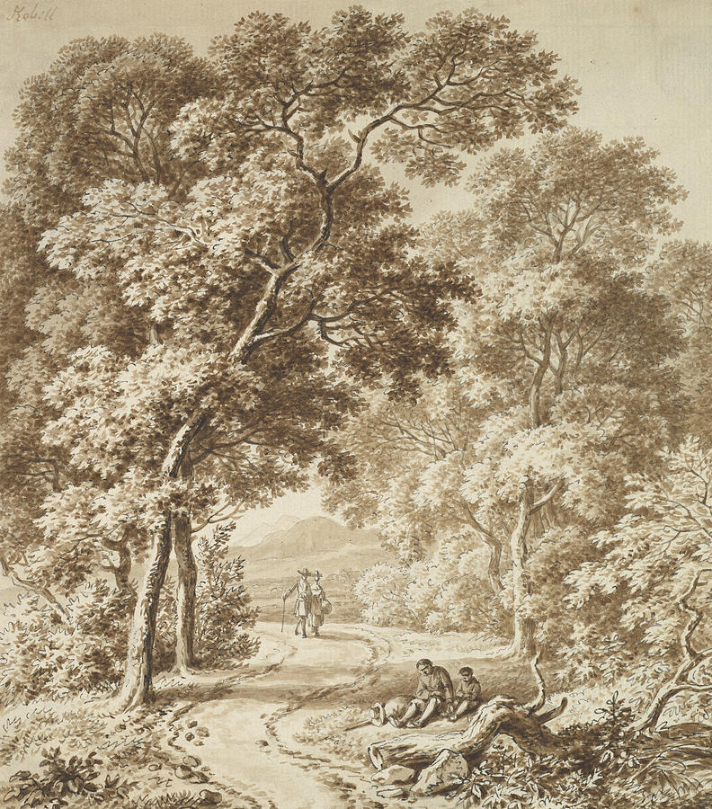 A Path Bordered by Trees with two Beggars and a Couple Strolling Drawing by Ferdinand Kobell