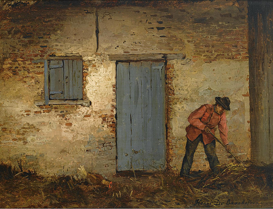 A peasant at work in front of a farmhouse Painting by Henri de Braekeleer