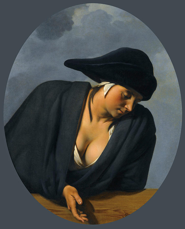 A peasant woman wearing a black hat leaning on a wooden ledge Painting by Caesar van Everdingen