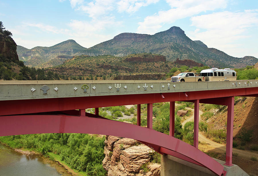 A Pickup Pulling a Travel Trailer Across the Salt River Canyon B ...