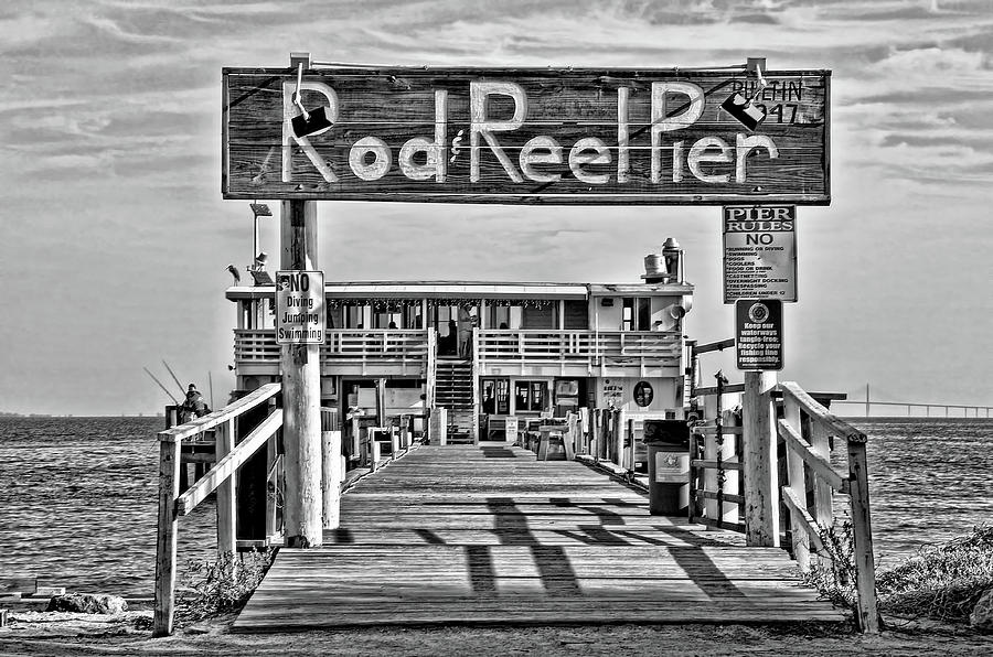 Black And White Photograph - A Pier Called The Rod And Reel BW by HH Photography of Florida