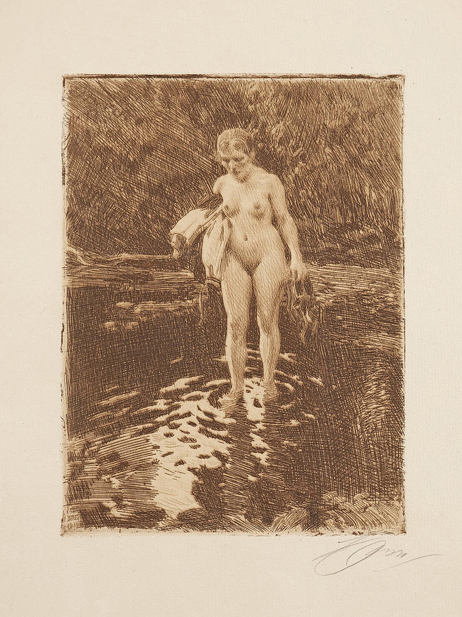Anders Zorn Drawing - A Place to Wade by Anders Zorn