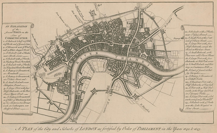 Map Drawing - A plan of the city and suburbs of London in 1642 by English School