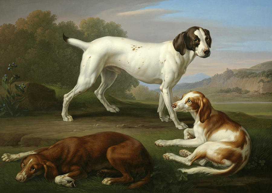 A Pointer and two Setters in an extensive Landscape Painting by Johann Wenzel Peter