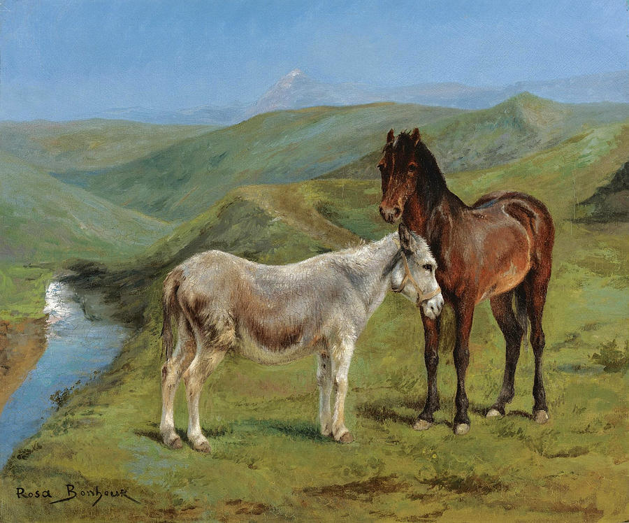 A Pony and a Donkey in a Mountain Landscape Painting by Rosa Bonheur