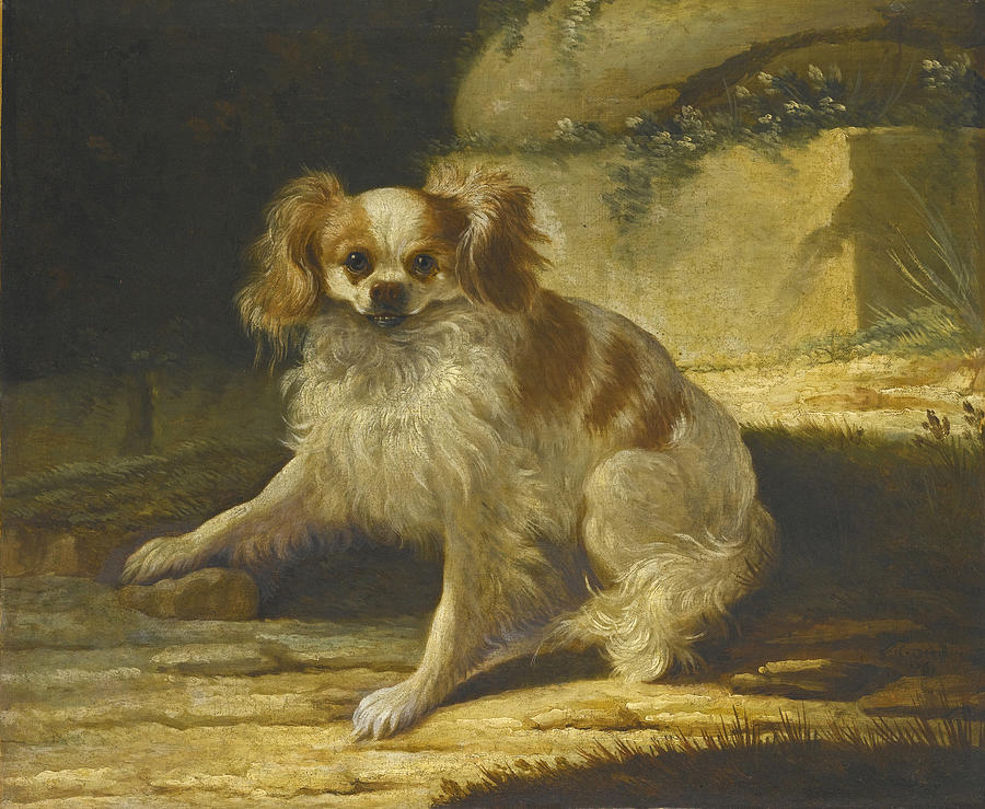 A Portrait of a Brown and White Toy Spaniel in a Landscape Painting by Jacques-Charles Oudry