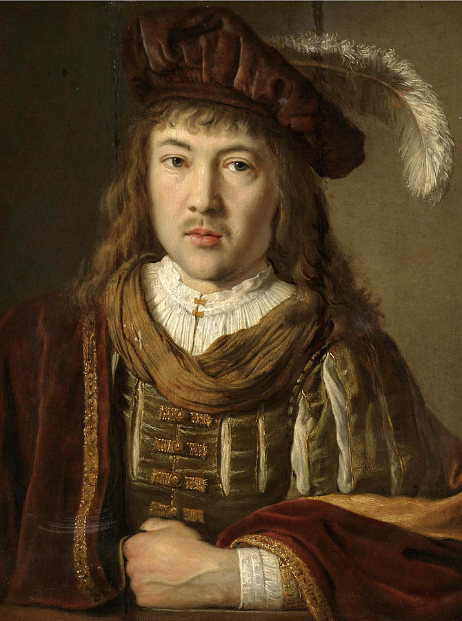 A Portrait of a Young Man in a Velvet Coat and Plumed Hat Painting by Pieter Hermansz Verelst