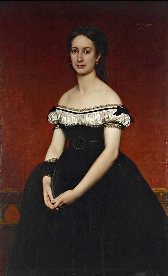 A Portrait of Mme M. Lynen standing three quarter length wearing a black velvet dress Painting by Joseph van Lerius