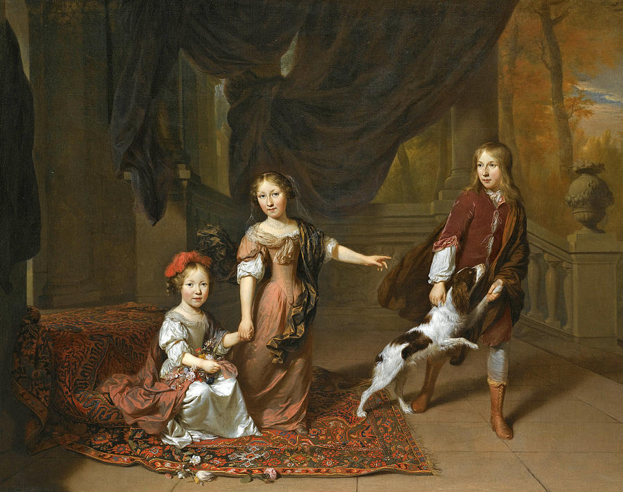 A Portrait of Two Sisters and their Brother playing with a Dog Painting by Jan Verkolje
