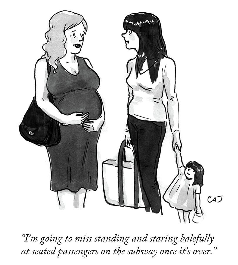 A pregnant woman talks to her friend with a toddler. Drawing by Carolita Johnson