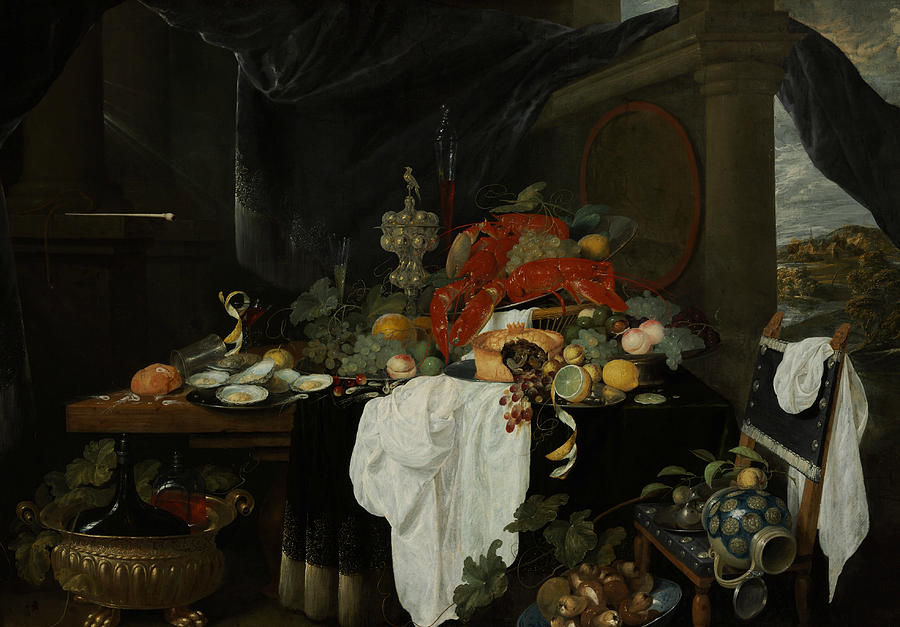 A Pronk Still Life with Fruit, Oysters, and Lobsters Painting by Andries Benedetti