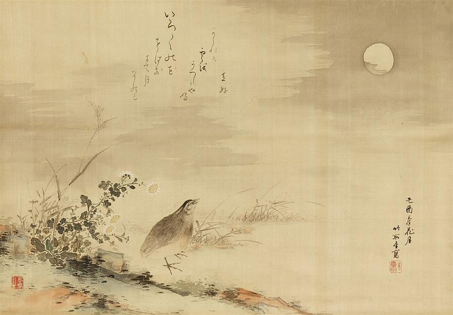 A Quail In An Autumnal Field With A Full Moon And A Tanka Poem 1909 Painting by Eastern Accents