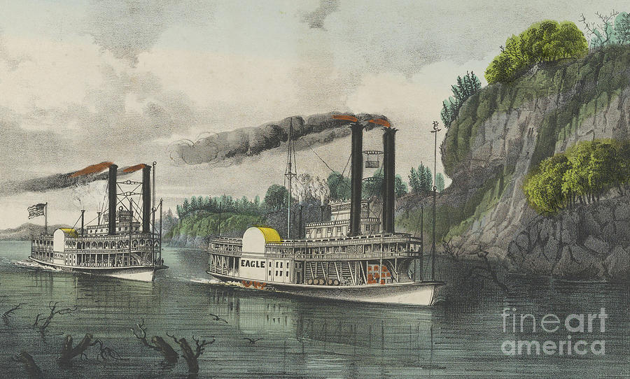 A Race on the Mississippi, 1870 Painting by Currier and Ives