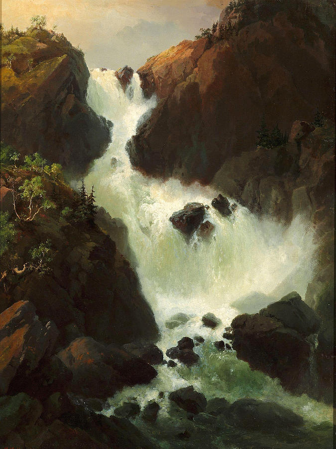  A raging waterfall. Laatefossen in Hardanger. Norway Painting by Vilhelm Melbye