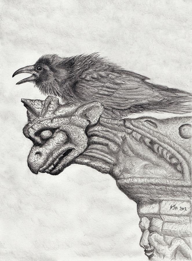 Raven Drawing - A Ravens Perch by Philip Harvey