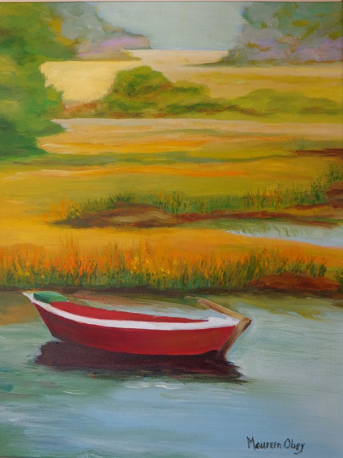 Red Boat Painting by Maureen Obey