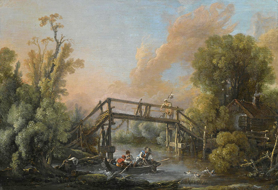 A River Landcscape With A Woman Crossing A Bridge And Three Men In A Boat On The River Below Painting by Francois Boucher