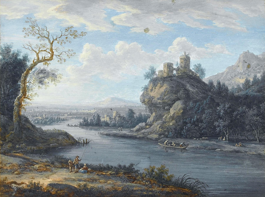 A River Landscape with Anglers in the Foreground and Travellers on a Path Beyond Drawing by Attributed to Christoph Ludwig Agricola