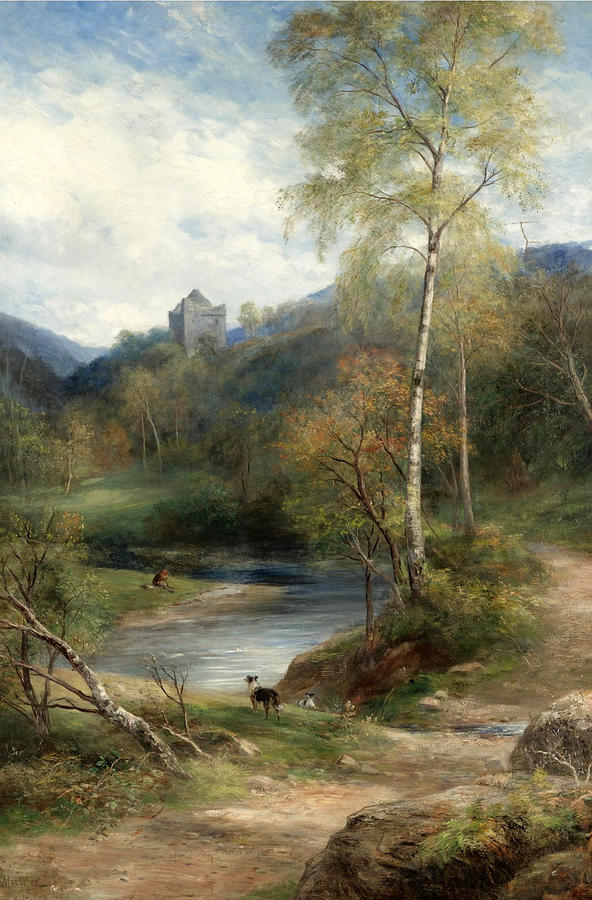 John Macwhirter Painting - A River Landscape with Castle Beyond by John MacWhirter