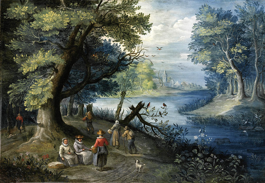 A river landscape with figures Painting by Attributed to Balthasar Beschey