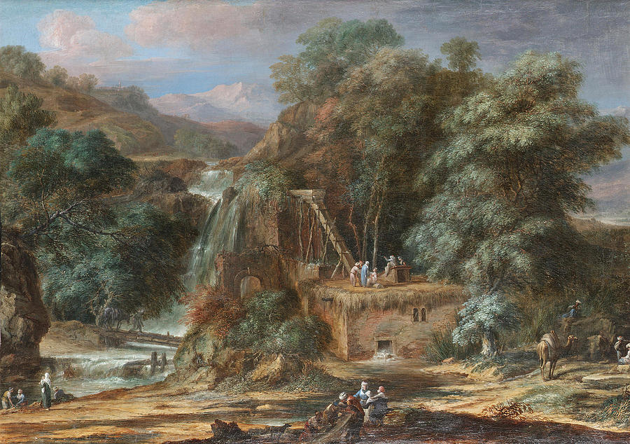 A River Landscape with Figures constructing an Aqueduct beside Waterfalls Oriental Figures and Camel Painting by Christoph Ludwig Agricola