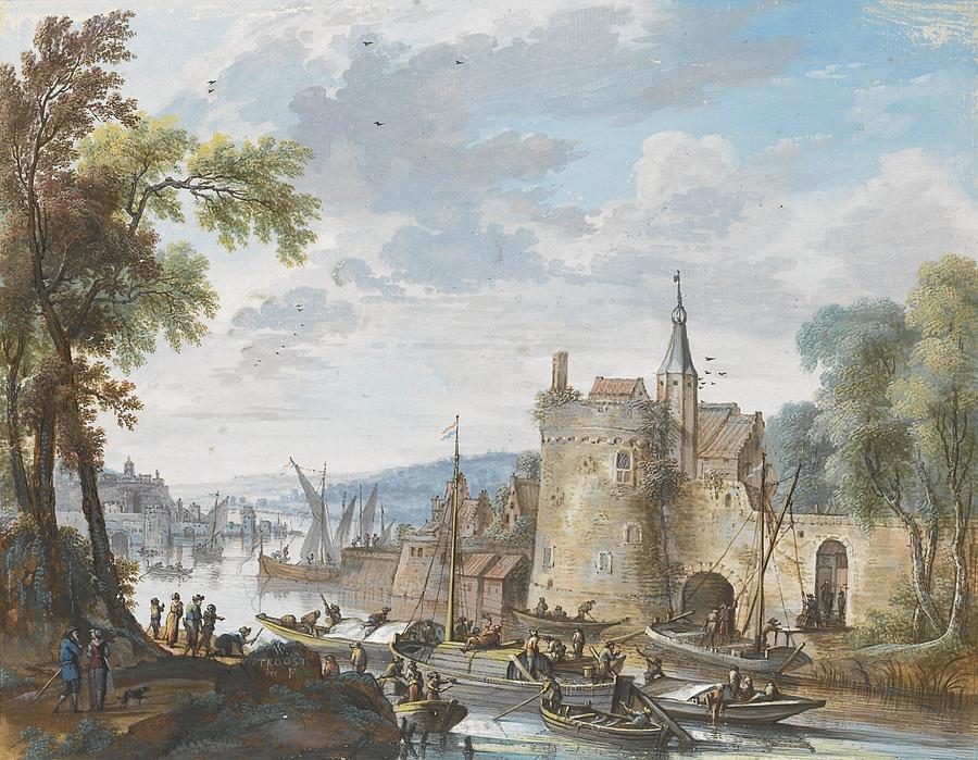 A River Landscape with small vessels by a Fortification Drawing by Willem Troost