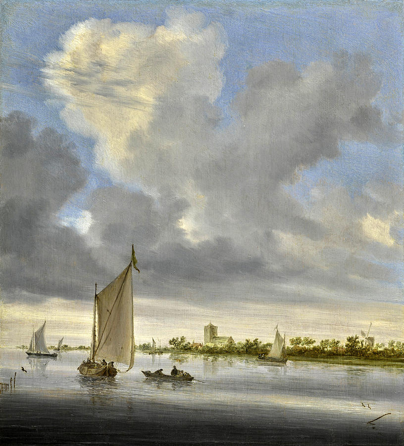 A river scene with boats in the foreground and a windmill and a church in the background Painting by Salomon van Ruysdael