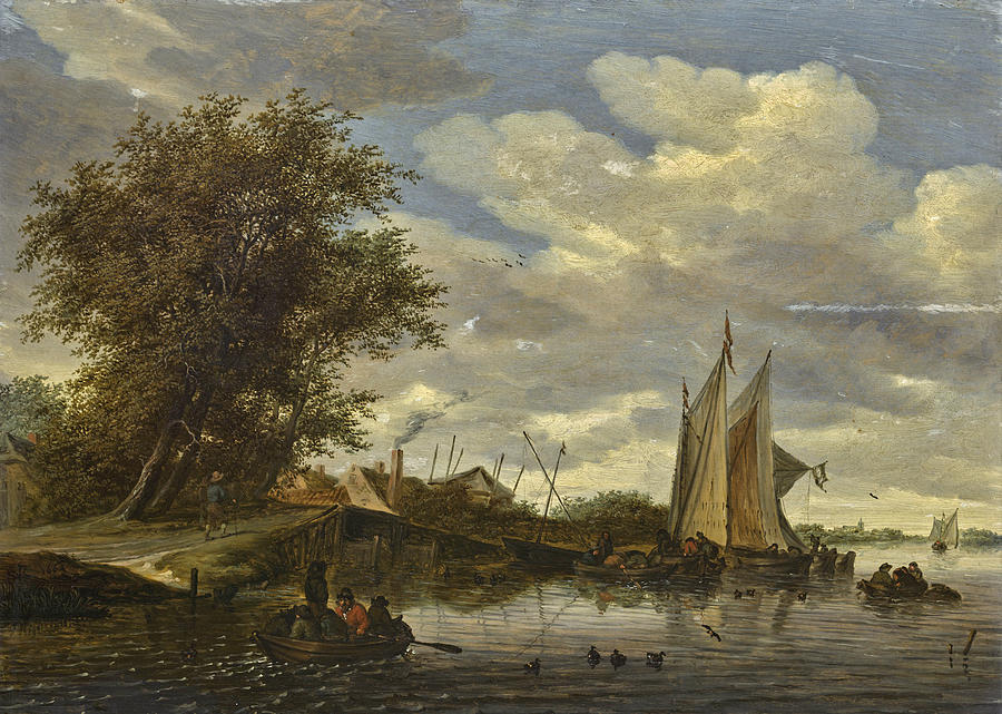 A River Scene with Figures in a Rowing Boat in the Foreground Painting by Salomon van Ruysdael