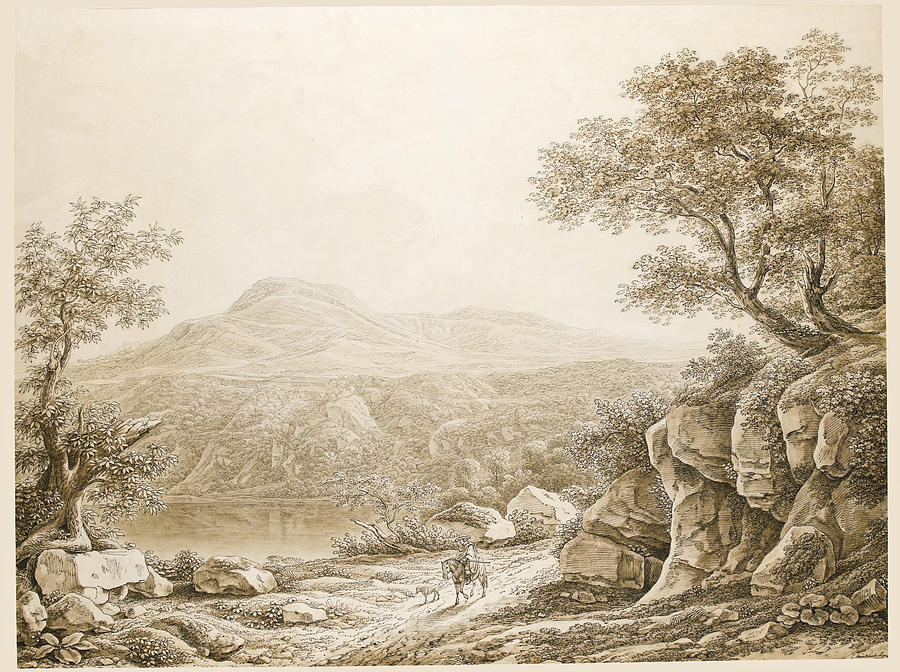 A Rocky Roman Landscape with a Traveller on Horseback Drawing by Johann Christian Reinhart