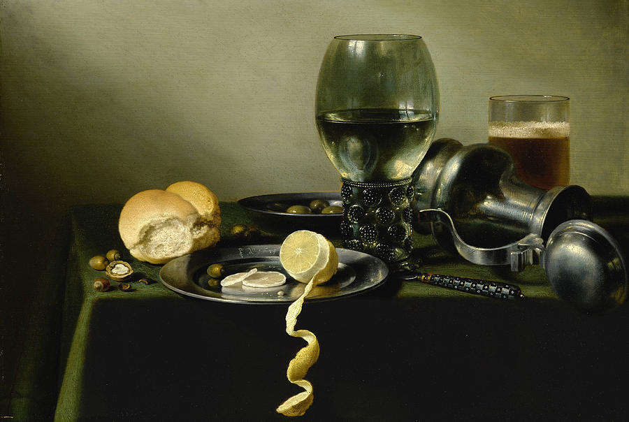 A Roemer an overturned pewter jug,olives half peeled lemon on pewter plates Painting by Pieter Claesz