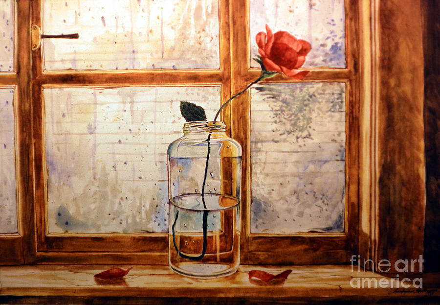 A rose in a glass jar on a rainy day Painting by Christopher Shellhammer