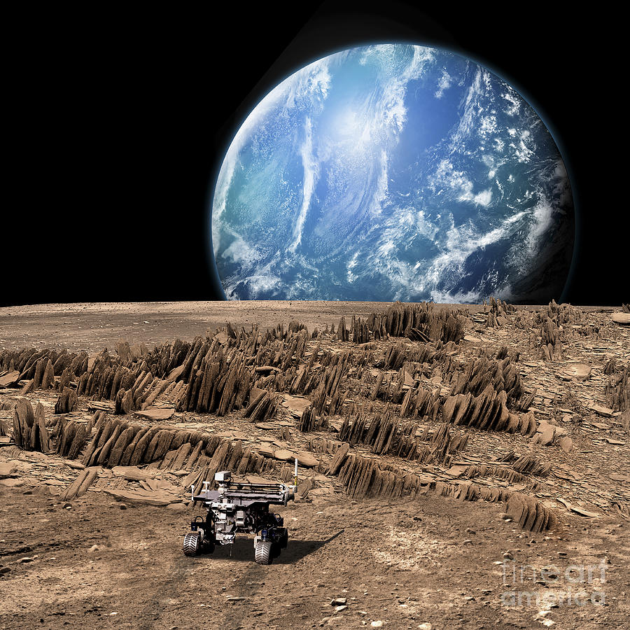 Fantasy Digital Art - A Rover Explores A Rocky, Barren Moon by Marc Ward