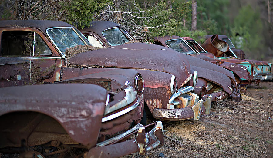 A Row Of Collected Rusty Abandoned Automobiles Photograph by Alex Grichenko