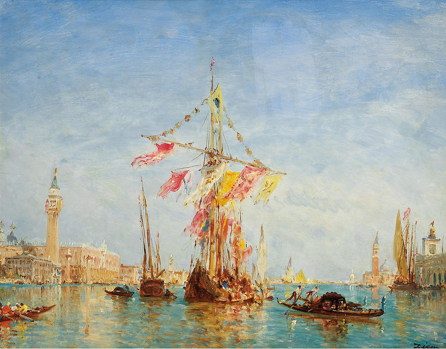 Felix Ziem Painting - A sailing boat on a feast day on the grand canal in venice by Felix Ziem 
