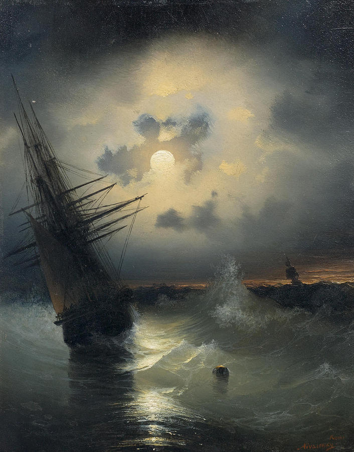 A sailing ship on a high sea by moonlight  Painting by Ivan Konstantinovich Aivazovsky
