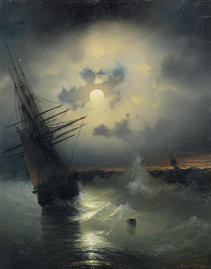  A sailing ship on a high sea by moonlight Painting by MotionAge Designs
