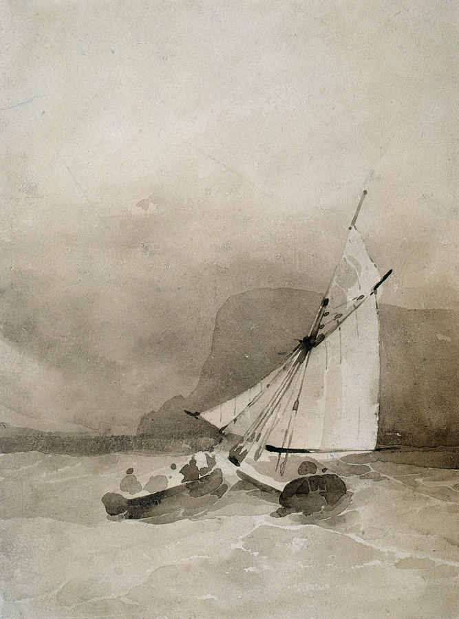 Black And White Painting - A Sailing vessel and a Rowing boat in rough seas by Richard Parkes Bonington
