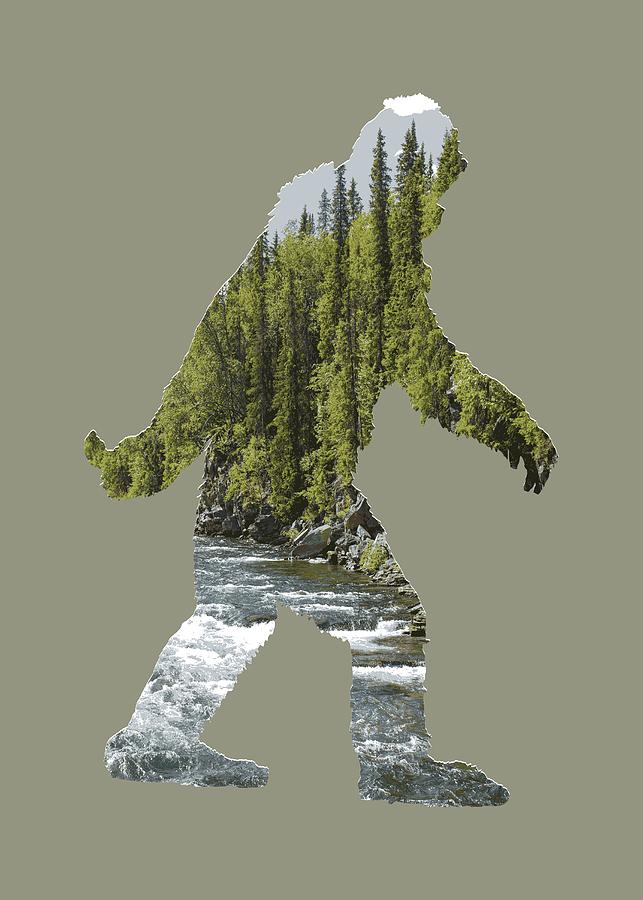 A Sasquatch Bigfoot Silhouette in The Wild River Rapids Digital Art by Garaga Designs