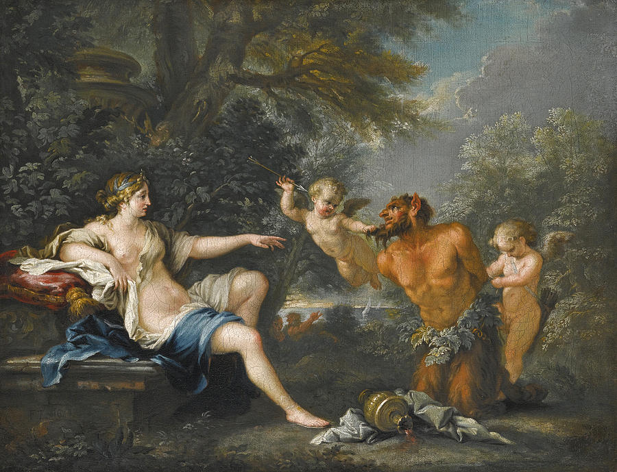 A Satyr held by two Putti before Venus Painting by Filippo Lauri